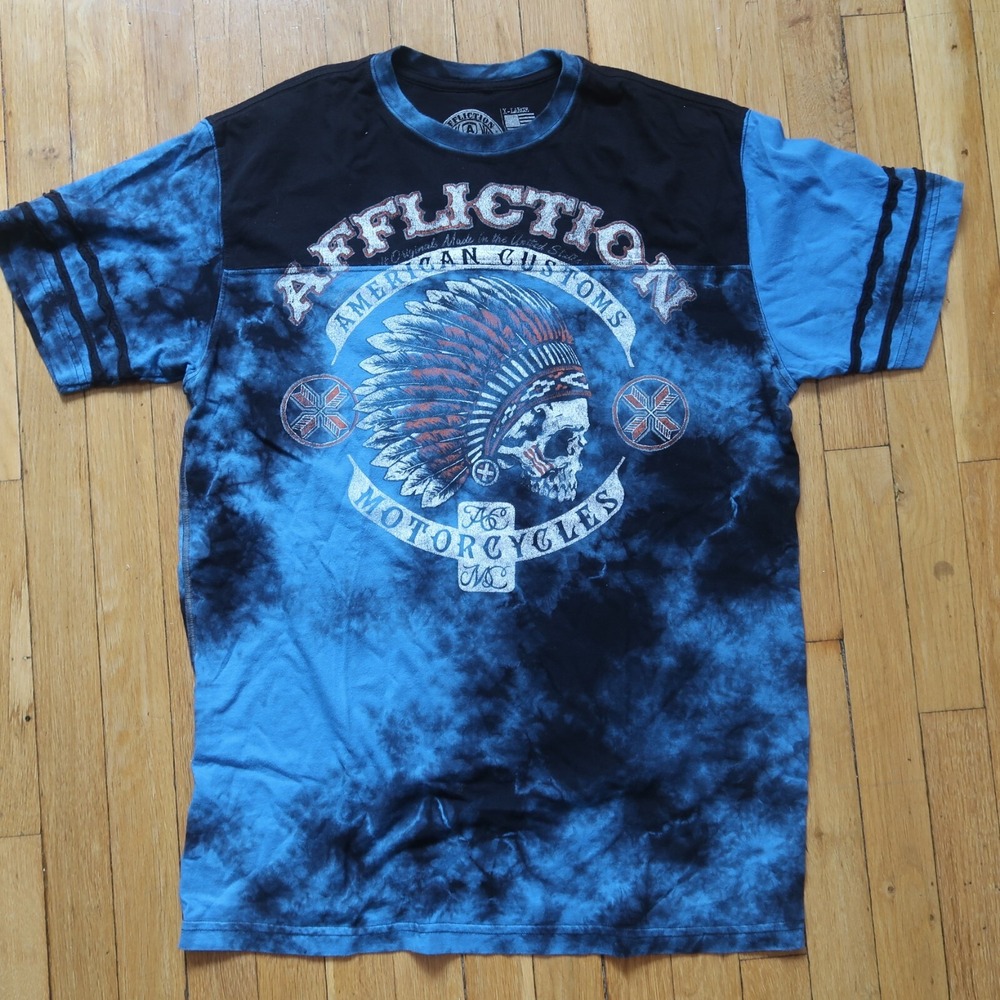 Affliction T Shirt Mens XL Blue American Customs Graphic Skull Headdress Grunge